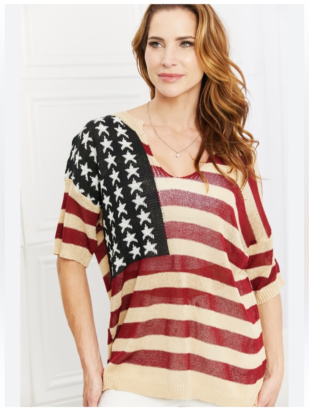 Bibi knitted American flag short sleeve party in the USA v-neck sweater